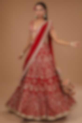 Red Georgette Printed & Embroidered Wedding Lehenga Set by Joy Mitra at Pernia's Pop Up Shop