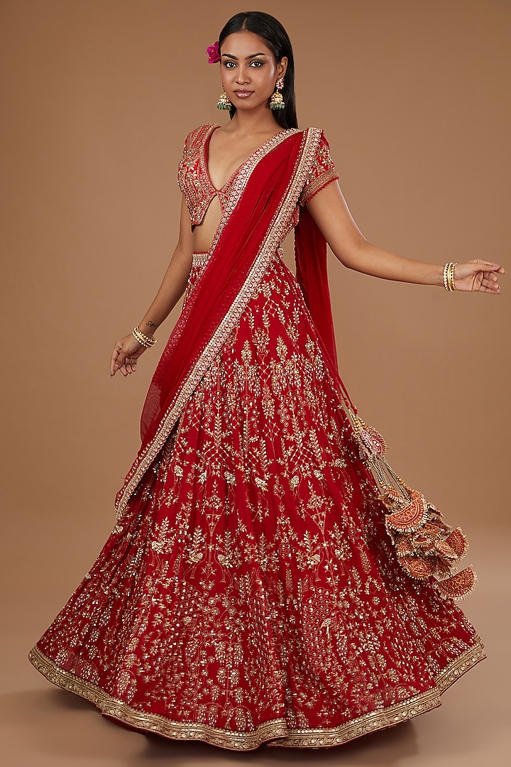 Red Georgette Printed & Embroidered Wedding Lehenga Set by Joy Mitra at Pernia's Pop Up Shop