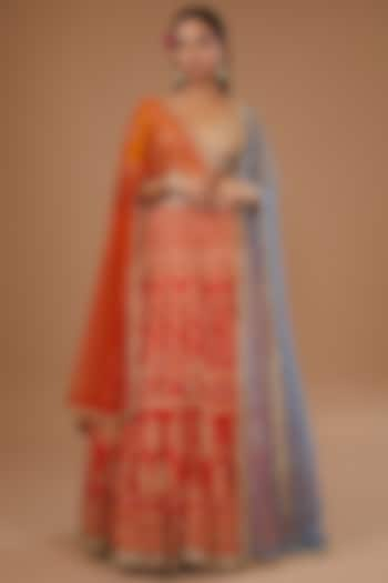 Orange Georgette Printed & Embroidered Lehenga Set by Joy Mitra