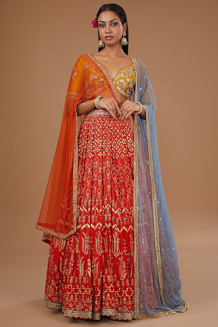 Orange Georgette Printed & Embroidered Lehenga Set by Joy Mitra