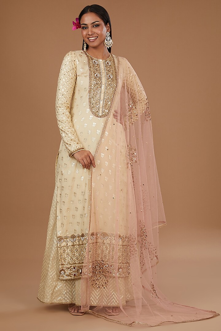 Cream & Gold Brocade Gold Embroidered Sharara Set by Joy Mitra at Pernia's Pop Up Shop