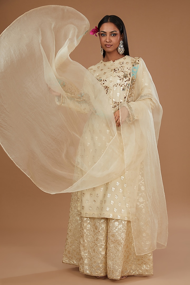 Cream & Gold Brocade Gold Embroidered Sharara Set by Joy Mitra at Pernia's Pop Up Shop