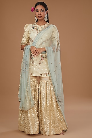 Cream & Gold Brocade Embroidered Gharara Set by Joy Mitra