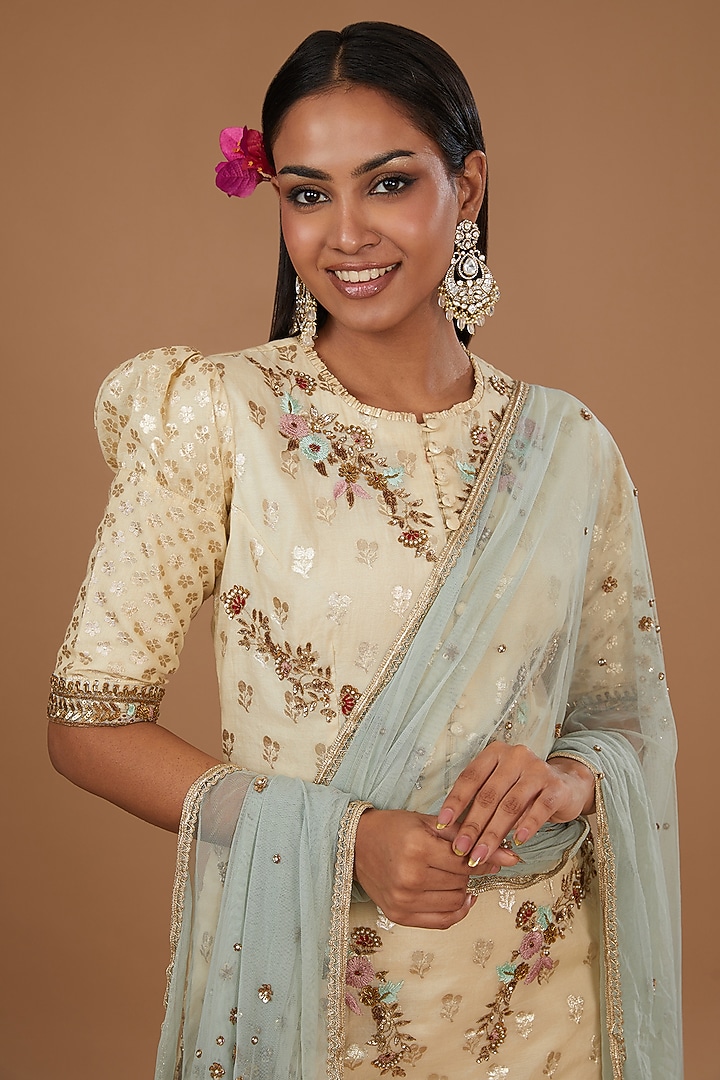 Cream & Gold Brocade Embroidered Gharara Set by Joy Mitra at Pernia's Pop Up Shop