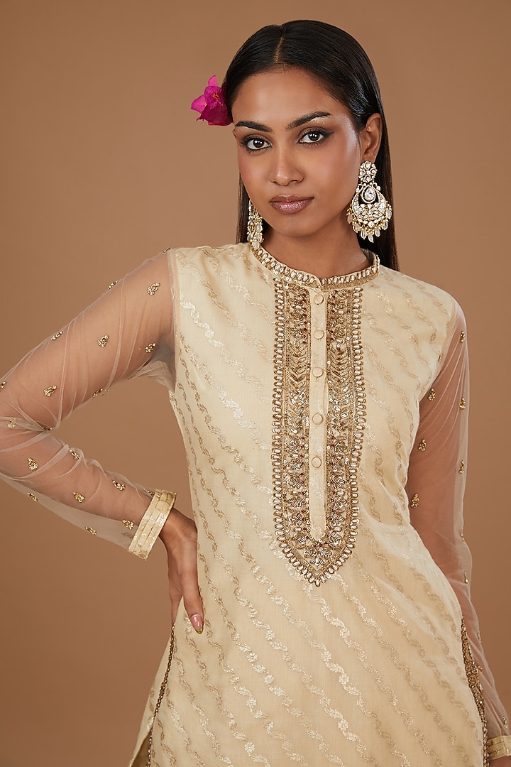 Cream & Gold Chanderi Brocade Embroidered Gharara Set by Joy Mitra at Pernia's Pop Up Shop