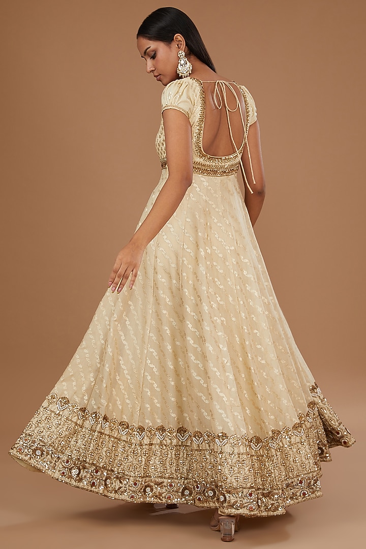 Cream & Gold Brocade Chanderi Embroidered Wedding Anarkali Set by Joy Mitra at Pernia's Pop Up Shop