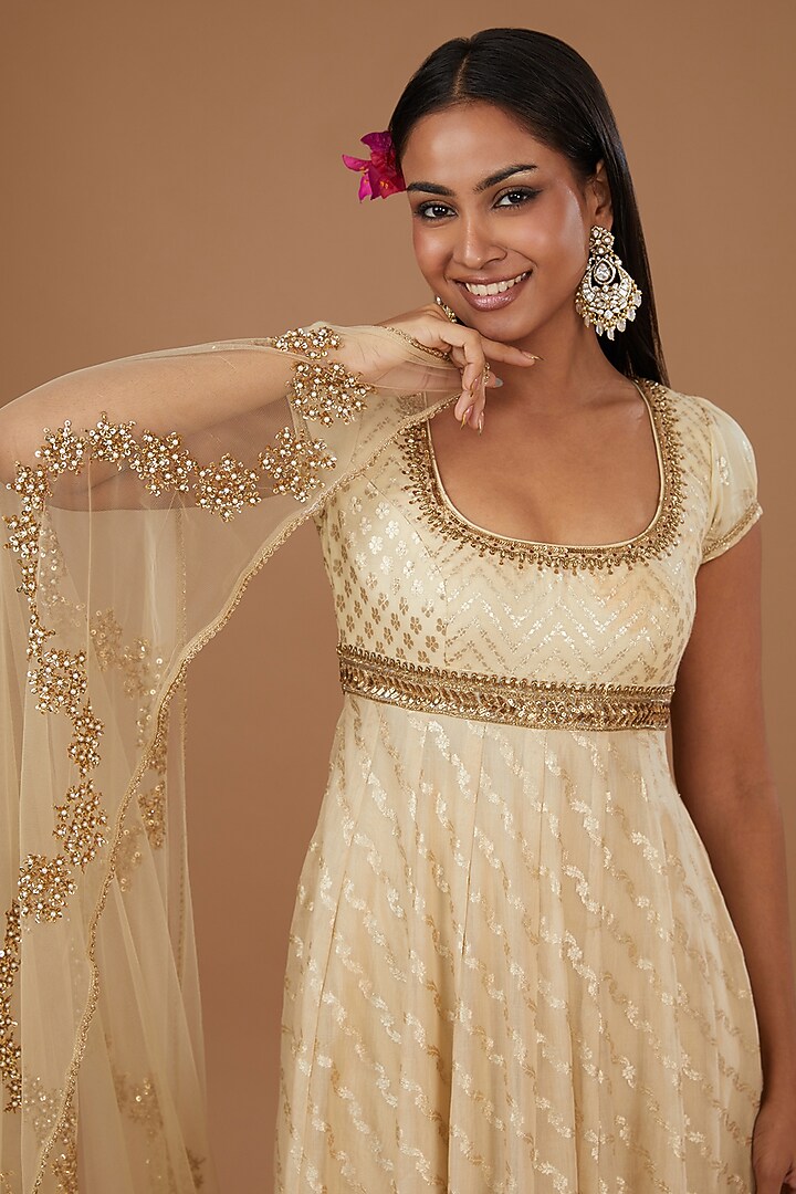 Cream & Gold Brocade Chanderi Embroidered Wedding Anarkali Set by Joy Mitra at Pernia's Pop Up Shop