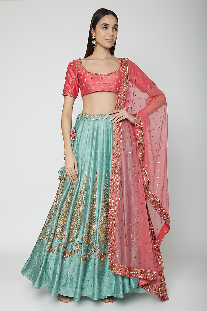 Pink & Mint Embroidered Lehenga Set Design by Joy Mitra at Pernia's Pop ...