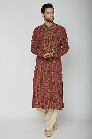 Maroon Embroidered & Printed Kurta Set by Joy Mitra Men