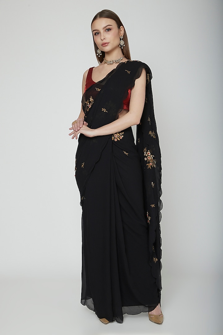 Black Sequins Embroidered Saree Set by Joy Mitra