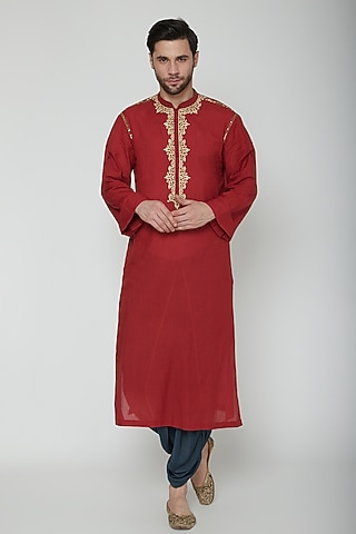 Maroon Embroidered Kurta Set by Joy Mitra Men