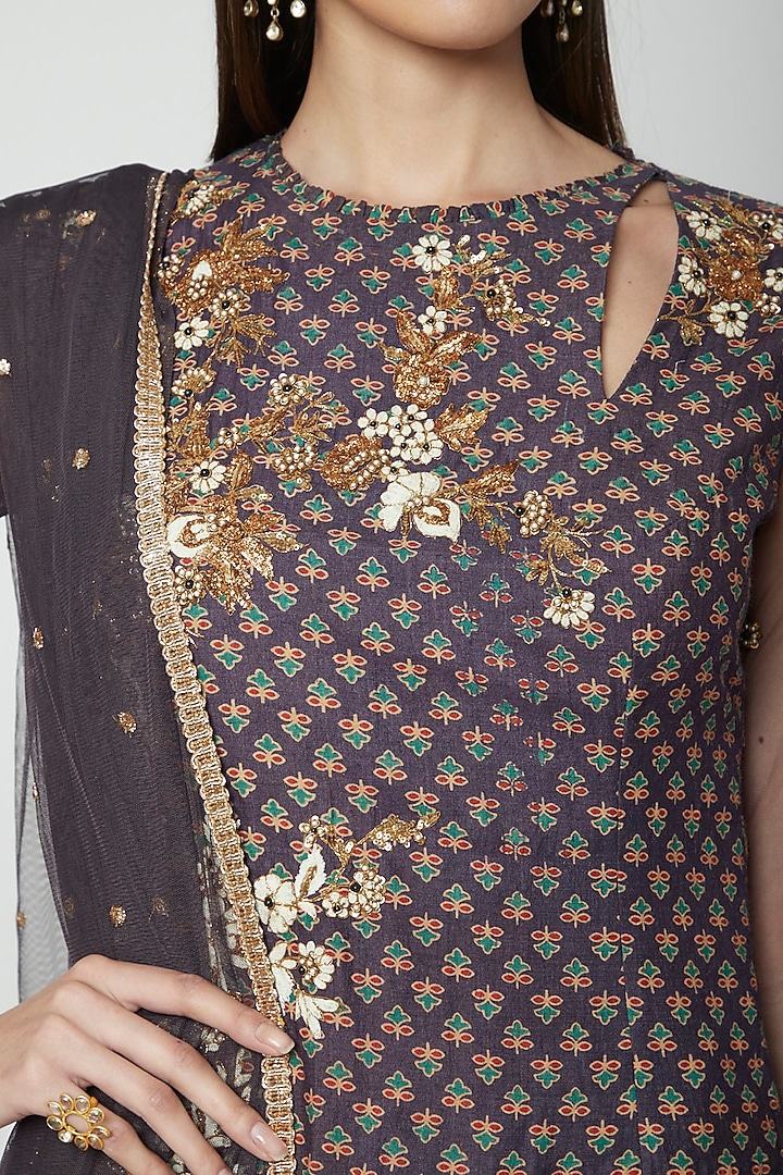 Midnight Blue Embroidered Kurta Set by Joy Mitra at Pernia's Pop Up Shop