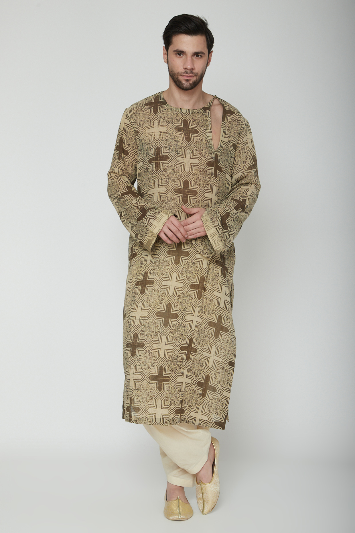 Brown Chanderi Ajrakh Printed Kurta Set by Joy Mitra Men