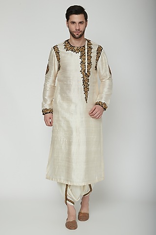Cream Embroidered Kurta Set by Joy Mitra Men