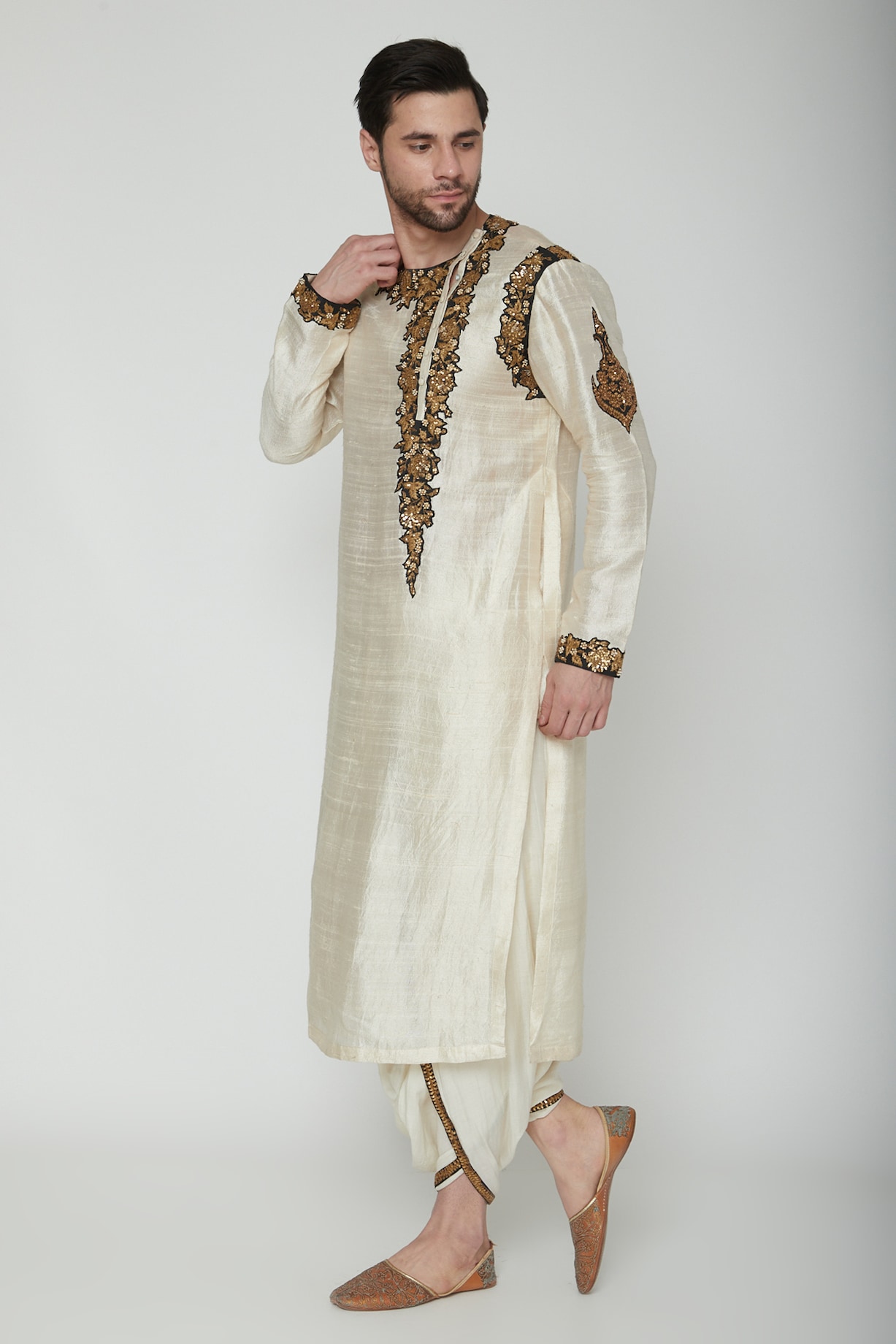 Men Cream Embroidered Kurta Only