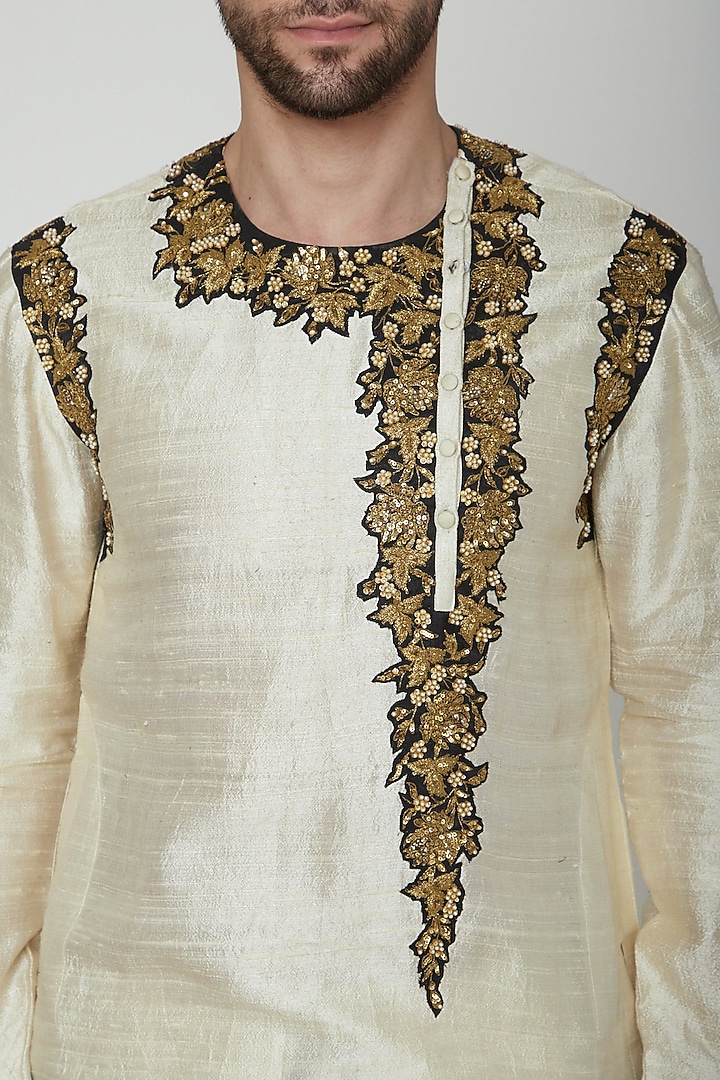 Cream Embroidered Kurta Set by Joy Mitra Men at Pernia's Pop Up Shop