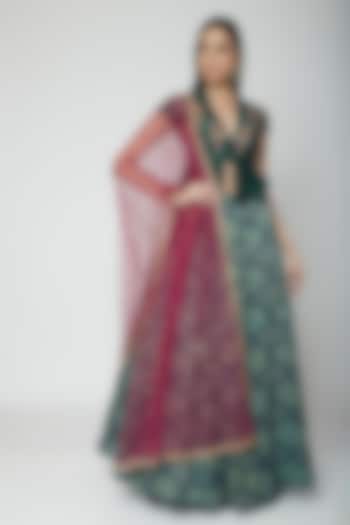 Green Embroidered Jacket With Skirt & Dupatta by Joy Mitra
