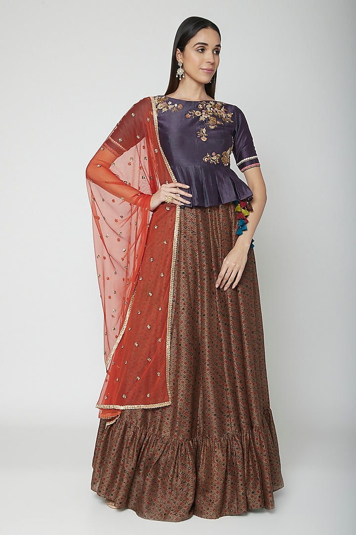 Grey Embroidered Top With Skirt & Dupatta by Joy Mitra