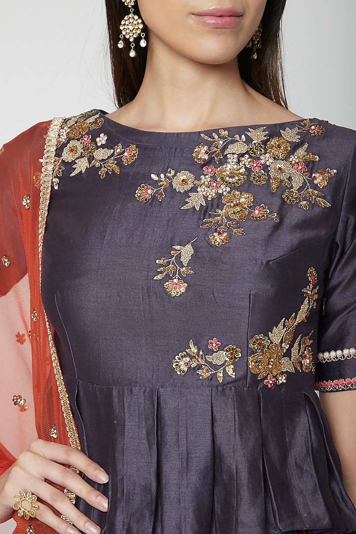 Grey Embroidered Top With Skirt & Dupatta by Joy Mitra at Pernia's Pop Up Shop