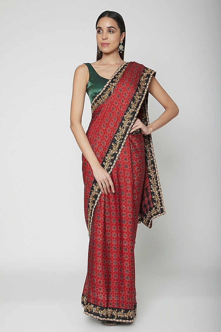Red Embroidered Saree Set by Joy Mitra