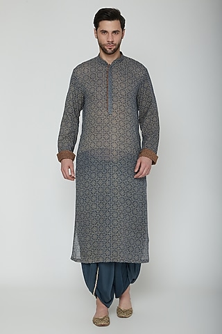 Blue Printed Kurta Set by Joy Mitra Men