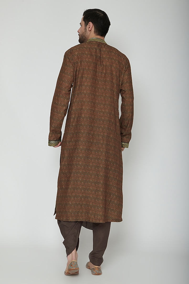 Brown Cotton Silk Ajrakh Printed Kurta Set by Joy Mitra Men at Pernia's Pop Up Shop