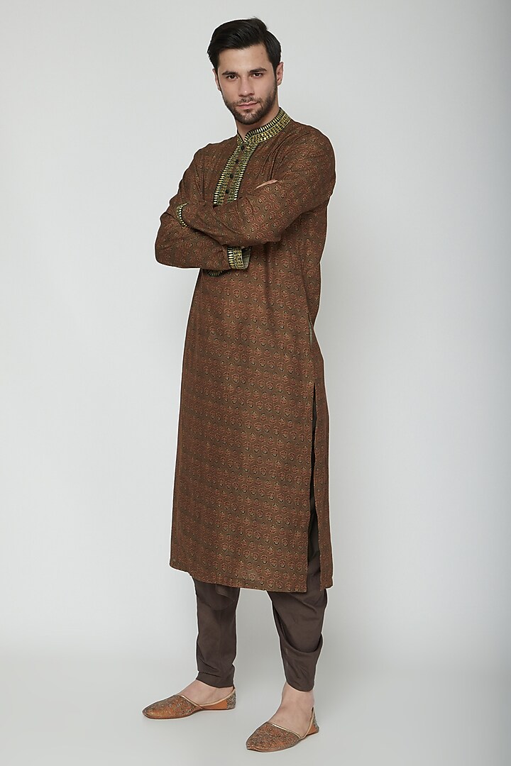 Brown Cotton Silk Ajrakh Printed Kurta Set by Joy Mitra Men at Pernia's Pop Up Shop