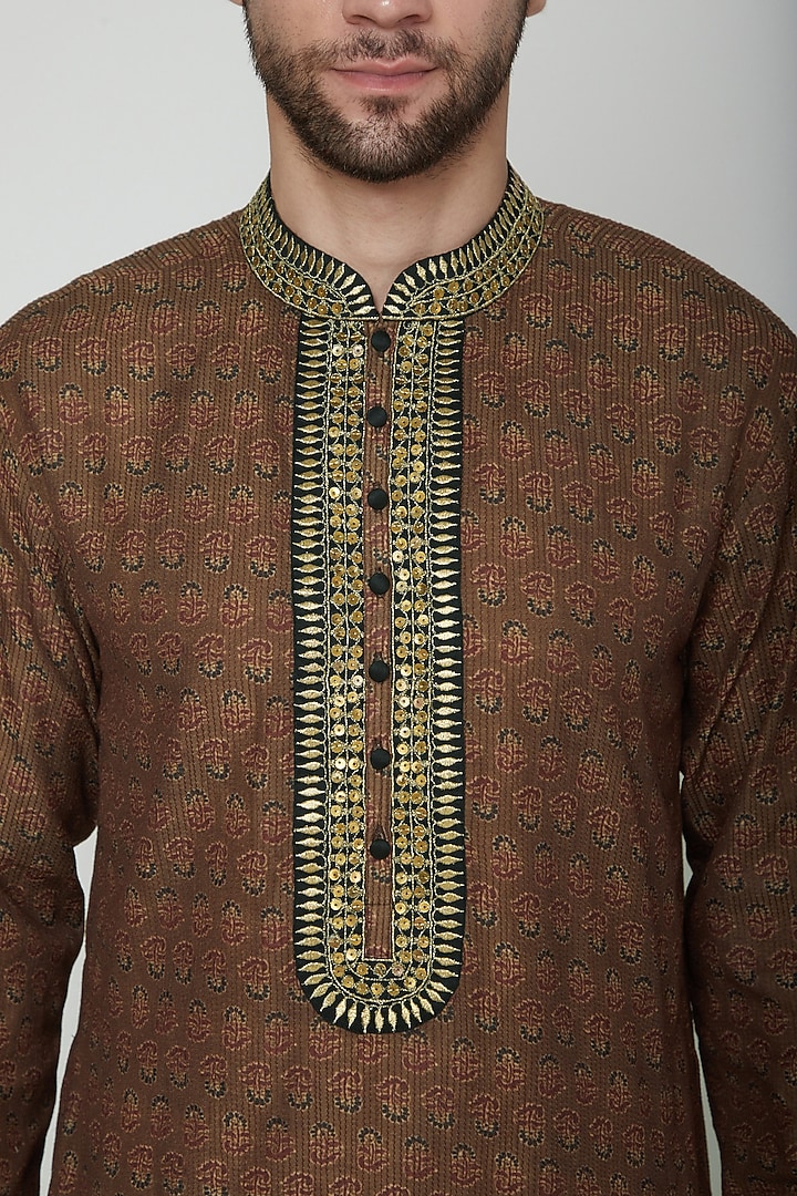 Brown Cotton Silk Ajrakh Printed Kurta Set by Joy Mitra Men at Pernia's Pop Up Shop