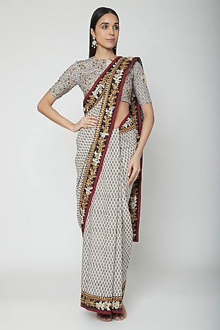 Cream Embroidered Saree Set by Joy Mitra