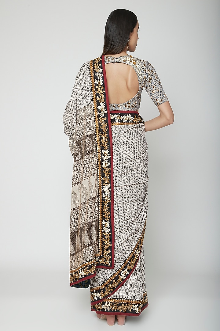 Cream Embroidered Wedding Saree Set by Joy Mitra at Pernia's Pop Up Shop