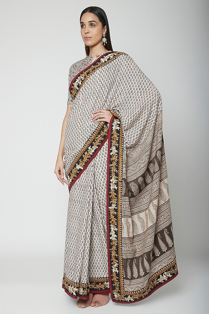 Cream Embroidered Wedding Saree Set by Joy Mitra at Pernia's Pop Up Shop