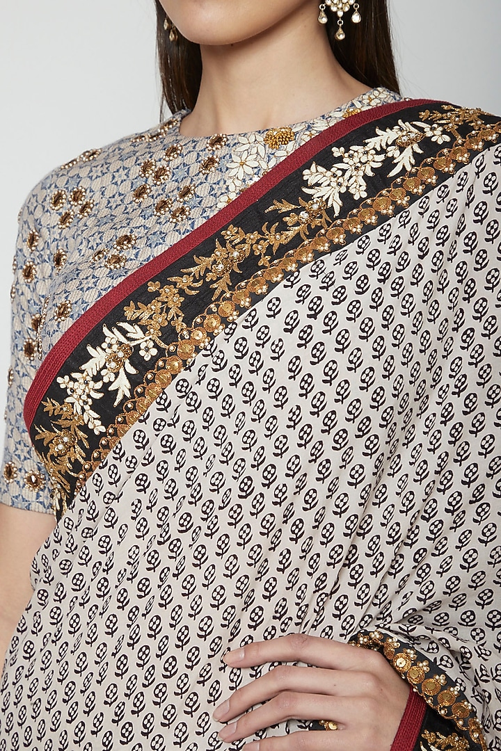 Cream Embroidered Wedding Saree Set by Joy Mitra at Pernia's Pop Up Shop