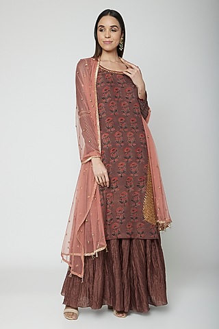 Brown Embroidered & Printed Kurta Set by Joy Mitra