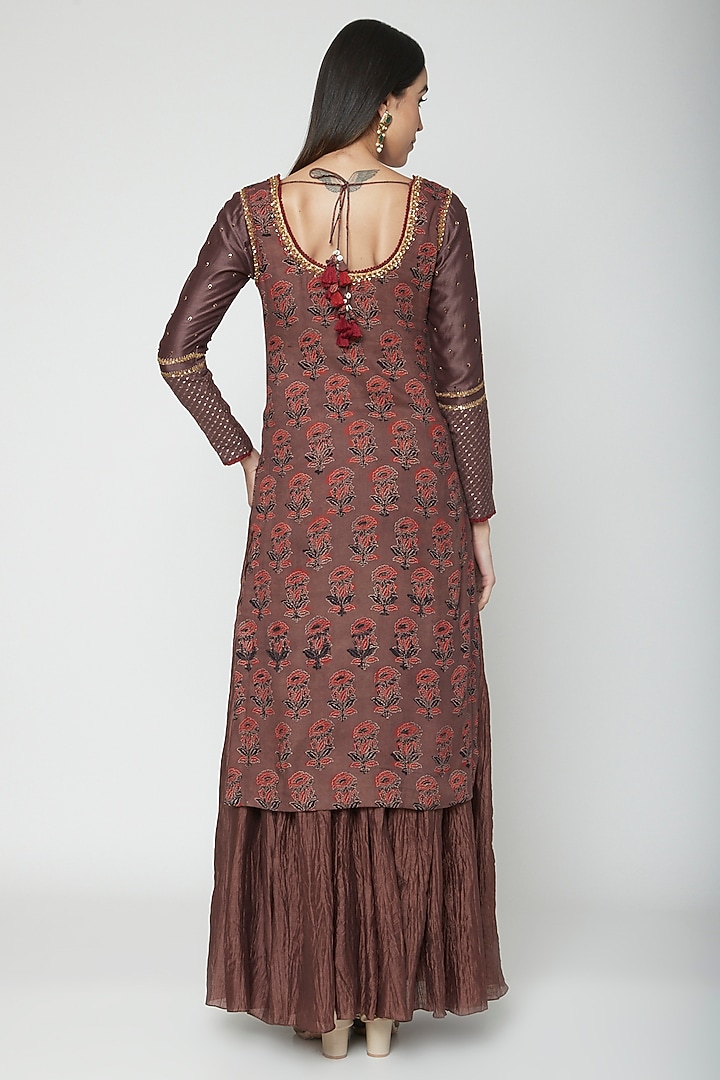 Brown Embroidered & Printed Kurta Set by Joy Mitra at Pernia's Pop Up Shop