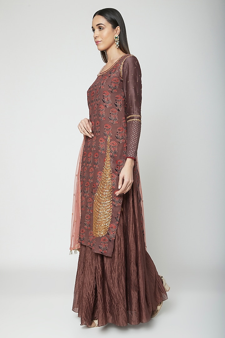 Brown Embroidered & Printed Kurta Set by Joy Mitra at Pernia's Pop Up Shop