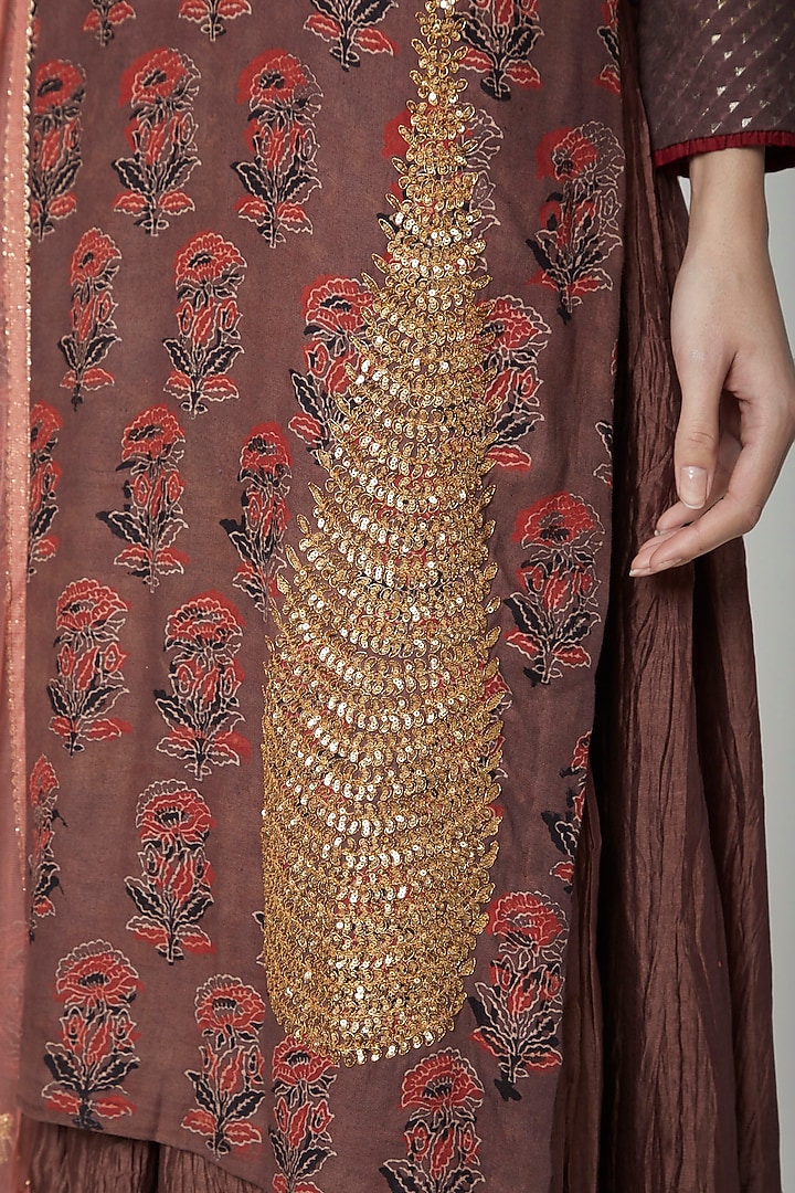Brown Embroidered & Printed Kurta Set by Joy Mitra at Pernia's Pop Up Shop