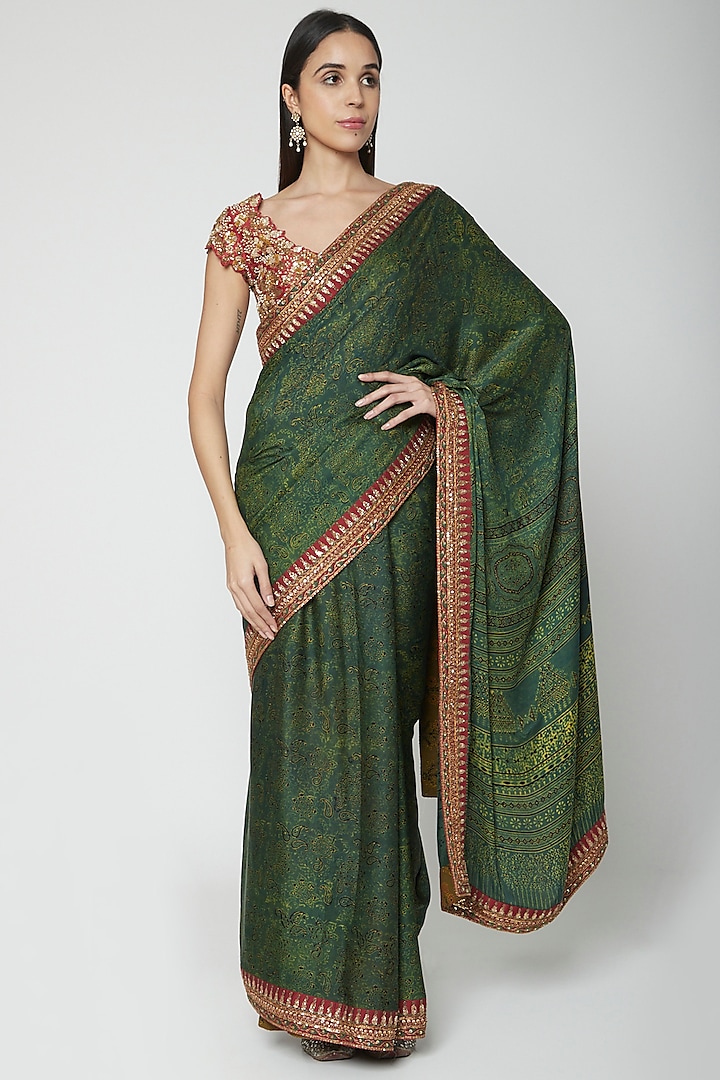 Green Embroidered Saree Set by Joy Mitra