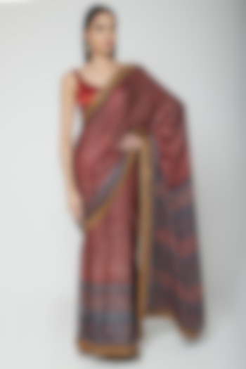 Red Embroidered & Printed Saree Set by Joy Mitra