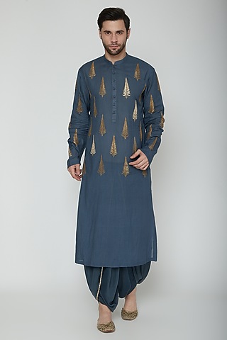 Blue Embroidered Kurta Set by Joy Mitra Men