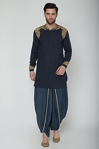 Indigo Blue Embroidered Kurta Set by Joy Mitra Men