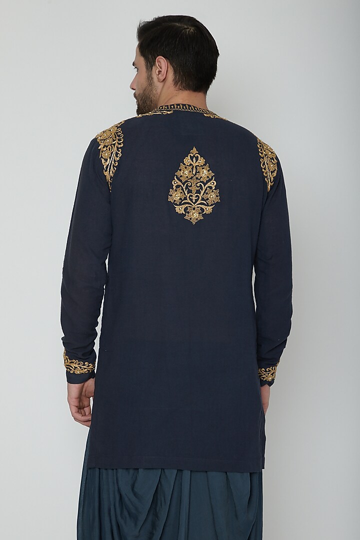 Indigo Blue Embroidered Kurta Set by Joy Mitra Men at Pernia's Pop Up Shop