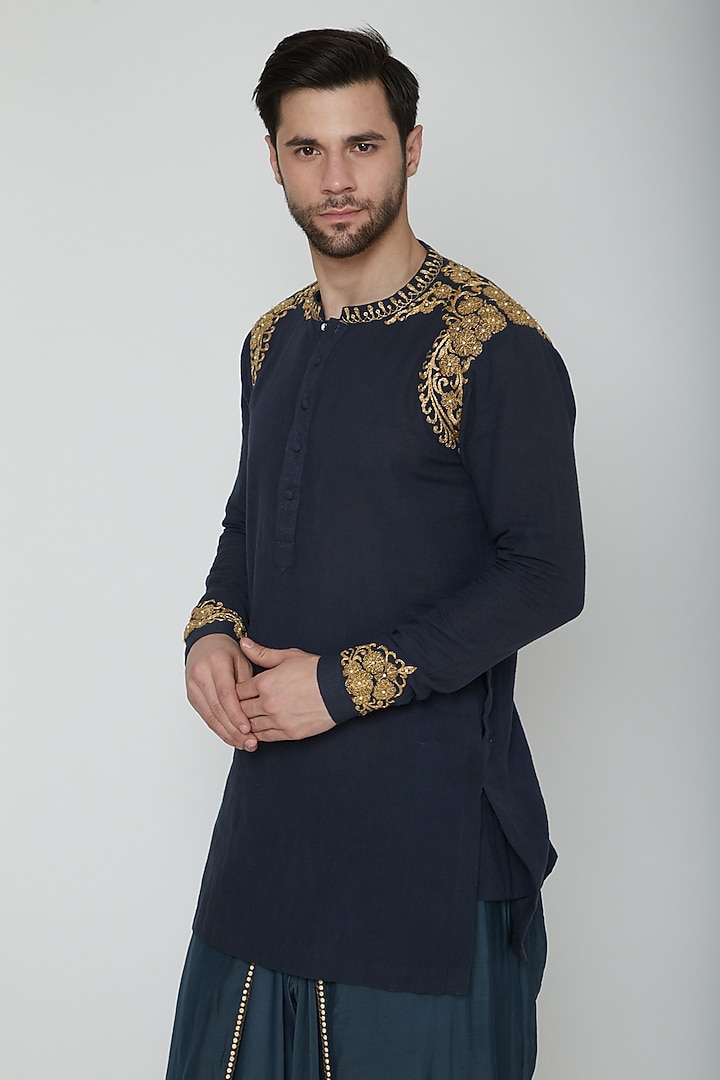 Indigo Blue Embroidered Kurta Set by Joy Mitra Men at Pernia's Pop Up Shop