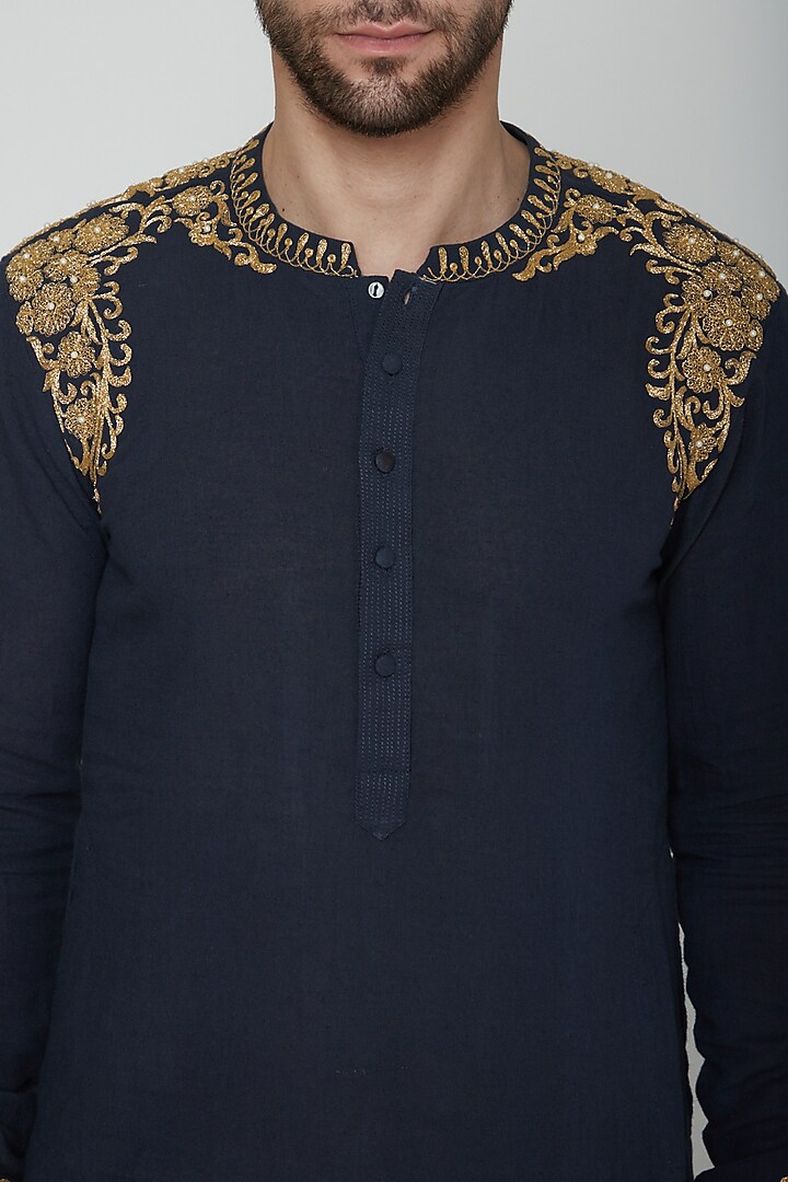 Indigo Blue Embroidered Kurta Set by Joy Mitra Men at Pernia's Pop Up Shop