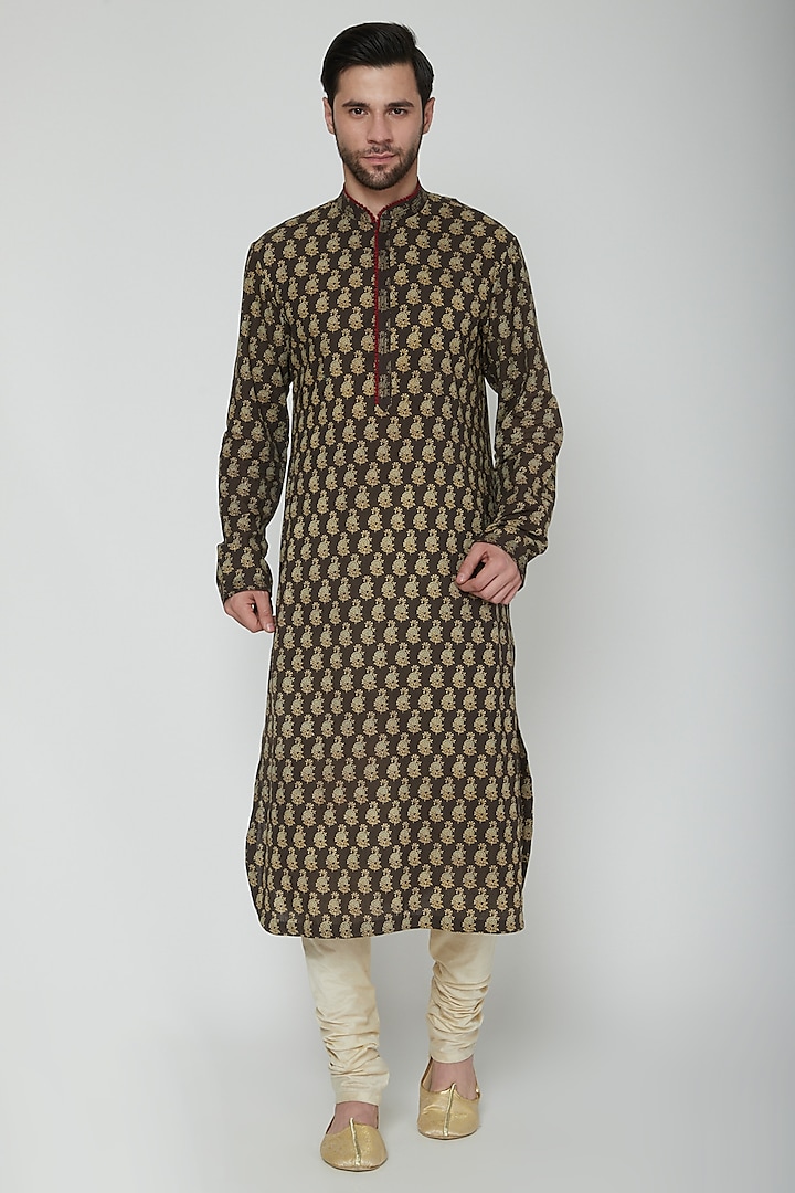 Brown Ajrakh Printed Kurta Set by Joy Mitra Men