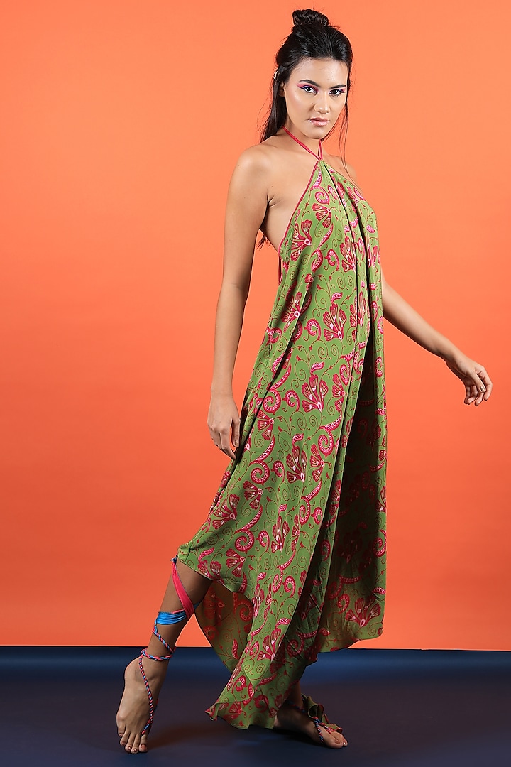 Green Crepe Floral Printed Maxi Dress by JOY