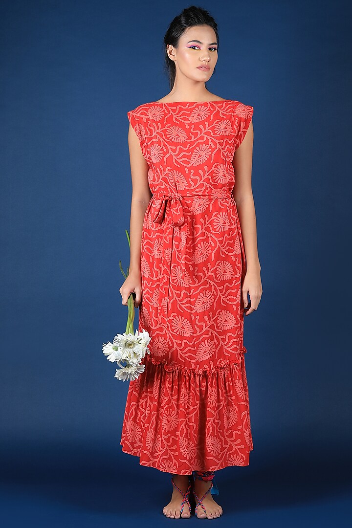 Red Crepe Floral Printed Kaftan Dress by JOY