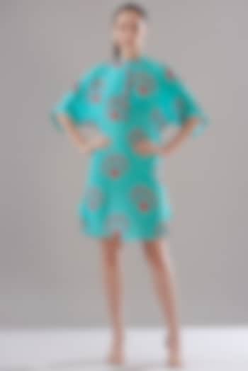 Turquoise Pure Silk Crepe Printed Tunic by JOY