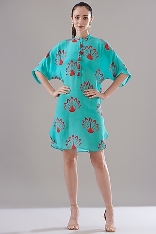 Turquoise Pure Silk Crepe Printed Tunic by JOY