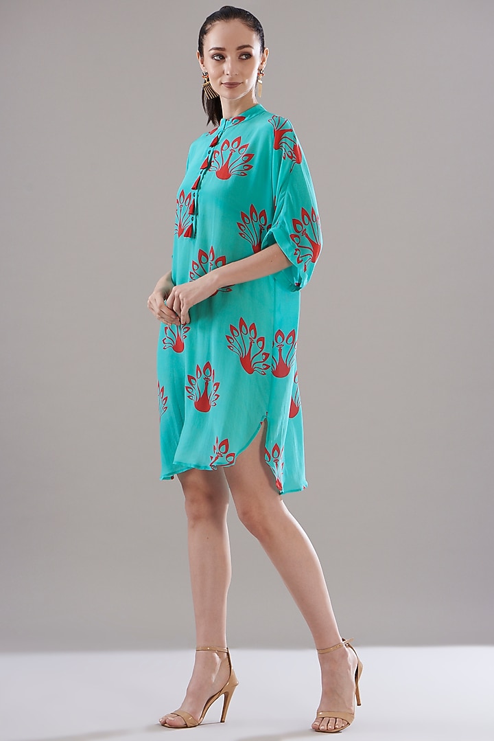 Turquoise Pure Silk Crepe Printed Tunic by JOY at Pernia's Pop Up Shop