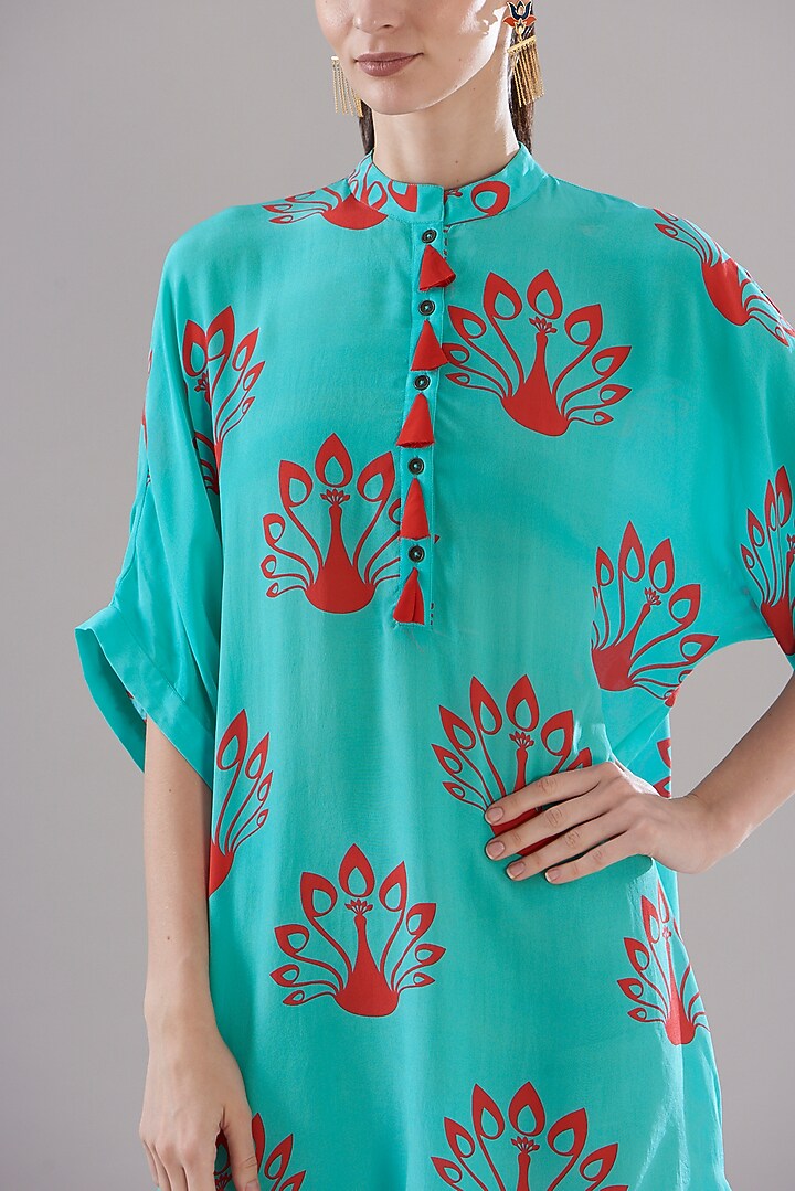 Turquoise Pure Silk Crepe Printed Tunic by JOY at Pernia's Pop Up Shop